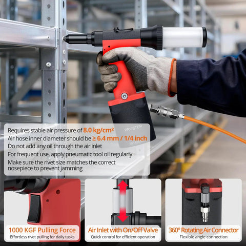 Professional Pneumatic Rivet Nut Gun Featuring Automatic Self Suction Loading And Four Quick Swap Nosepieces For Smooth Single Hand Operation On All Your Auto And Metal Fab Builds, shown in use with orange air hose and detailed tool components.
