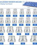 Heavy Duty 6-Point Truck Wheel Bearing Locknut Socket Set with 21 pieces and display tool board.