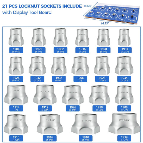 Heavy Duty 6-Point Truck Wheel Bearing Locknut Socket Set with 21 pieces and display tool board.
