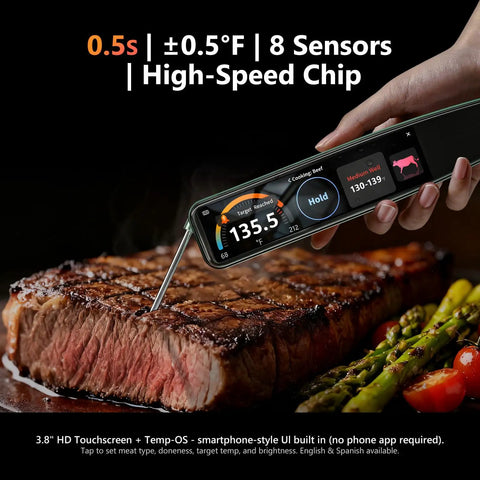 Digital Kitchen Thermometer For Cooking With No Fuss 0.5 Second Instant Read measuring steak temperature on grill
