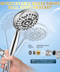 Close-up of Six Mode High Pressure Handheld Shower Head Set With 60 Inch Stainless Steel Hose And Five Inch Large Shower Head No Fuss One Minute Install Chrome Finish Provides Rain Massage Mist And Water Saving Sprays showing brass swivel bracket.