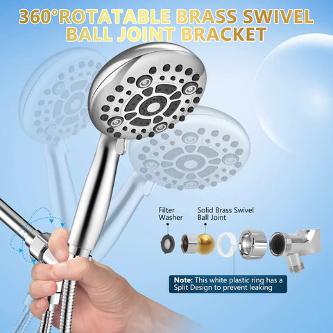 Close-up of Six Mode High Pressure Handheld Shower Head Set With 60 Inch Stainless Steel Hose And Five Inch Large Shower Head No Fuss One Minute Install Chrome Finish Provides Rain Massage Mist And Water Saving Sprays showing brass swivel bracket.