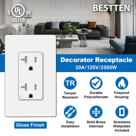 10 Pack 20 Amp Receptacle Outlet With Tamper Resistant Design And Screwless Wall Plate Included UL Listed 125V 2500W White Ideal For Home Kitchen Office Garage Or Workshop Upgrades displayed with features.