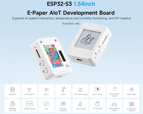 1.54inch E Paper AIoT Development Board with 200x200 display, dual Wi-Fi Bluetooth, AI speech, DIY function, ultra-low power.