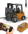 Mini RC Forklift Toy One Sixty Fourth Scale With Remote And Free App Control showing toy, remote, app interface and charger