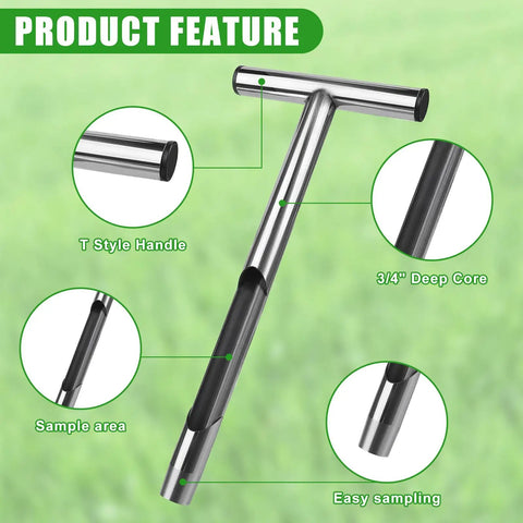 12 Inch Stainless Steel Soil Probe With T-Handle, Durable Garden And Lawn Soil Sampler Kit With Two Bags, diagram of features