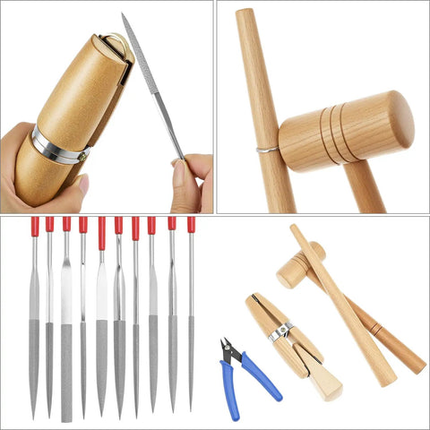 Badass Jeweler Toolkit Featuring Tough Saw Frame With 144 Cutting Blades Sturdy Bench Pin Clamp Ring Sizer Mandrel Needle Files Wire Snips And Steel Hammer For Serious DIY Jewelry Crafting Gear with wood and metal tools.