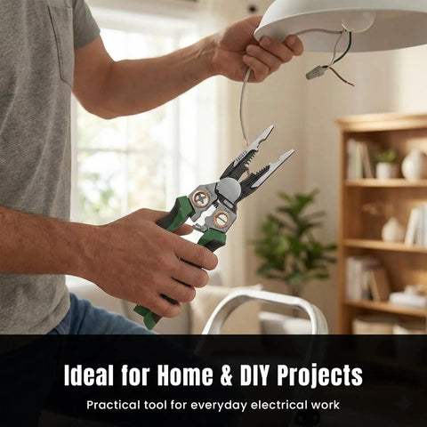 Person using 8 In 1 Wire Stripper And Do It All Multi Tool Pliers With Built In Voltage Tester Cutter And Crimp Tool for electrical work