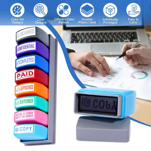 Slick 8 Piece Multicolor Office Stamp Set Featuring No Sweat Self Inking Rubber Design For Quick Document Marking Like Paid Approved And Confidential With Dope Storage Case showing vibrant stamps in various colors and a sturdy storage base.