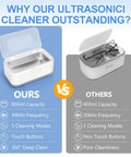 Comparison showing 49KHz Ultrasonic Cleaner For Jewelry And Glasses With 5 Cleaning Modes, 27oz 304 Stainless Steel Tank in Gray.