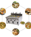 Commercial Stainless Steel Six Hole Gas Pasta Cooker With Hose Low Pressure Valve And Mesh Filters Straight Up Solid Noodle Boiler Dumplings Soup Stock Pot Essentials with various dishes around it.