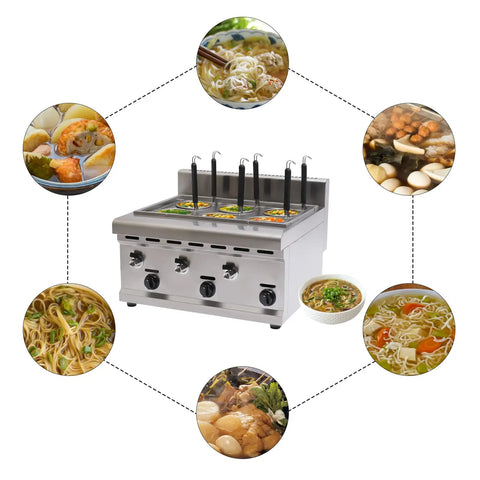 Commercial Stainless Steel Six Hole Gas Pasta Cooker With Hose Low Pressure Valve And Mesh Filters Straight Up Solid Noodle Boiler Dumplings Soup Stock Pot Essentials with various dishes around it.