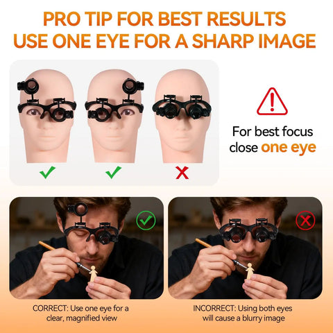 Head Mounted Magnifier With LED Light And 8 Interchangeable Lenses 2.5x To 25x Pro Grade Loupe demonstration with focus tip