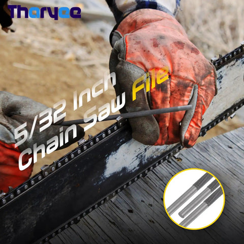 Person sharpening chainsaw with 12 Pack Five Thirty Second Inch Chainsaw Sharpening Files Set, Pro Grade Circular Chainsaw File Kit For Woodworking
