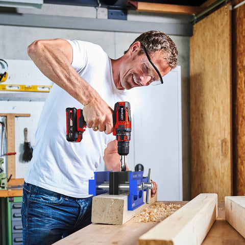 Man using power tools with Self Centering Doweling Jig Kit for Pro Grade Results, Perfectly Straight Holes, Biscuit Joiner Set