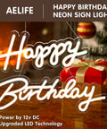 Lit Happy Birthday Neon Sign LED Light For Wall Backdrop Decoration With Split Design Reusable Approximately Forty Inch Total Length White Neon For Parties And Events displayed with gift boxes
