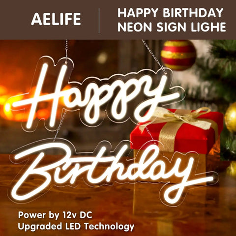 Lit Happy Birthday Neon Sign LED Light For Wall Backdrop Decoration With Split Design Reusable Approximately Forty Inch Total Length White Neon For Parties And Events displayed with gift boxes