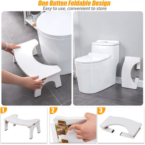 Wooden Toilet Stool For Adults Foldable 7 Inch Squat Poop Stool with Anti Slip Feet shown folded beside toilet