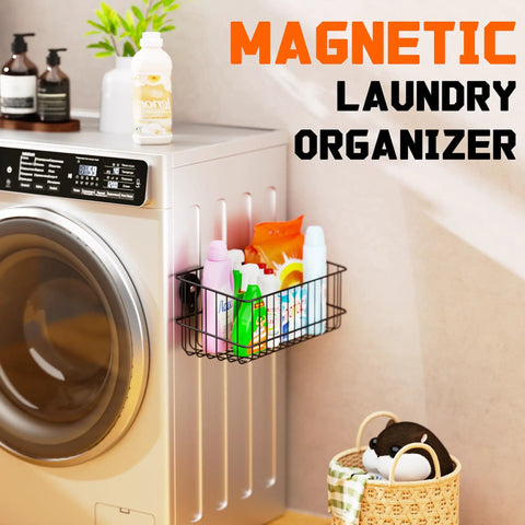 Heavy Duty Magnetic Wire Baskets Set Must Have Large Capacity Metal Shelf Organizer For Garage Kitchen Laundry Workshop Cabinets Ideal For Pegboard And Metal Surfaces 2 Pack attached to laundry machine