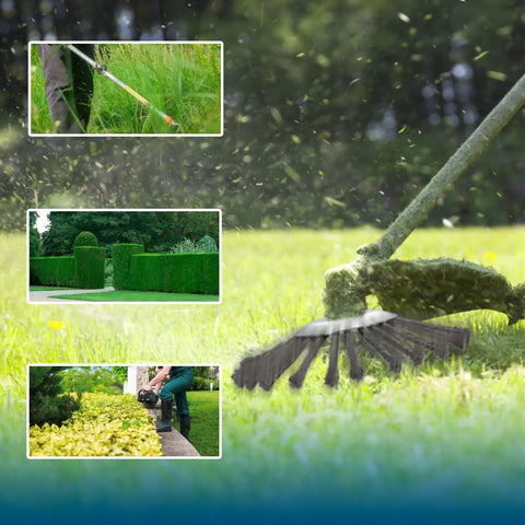 Image featuring 8 Inch Steel Wire Weed Eater Head with Universal Adapter Kit in action trimming grass and hedges.