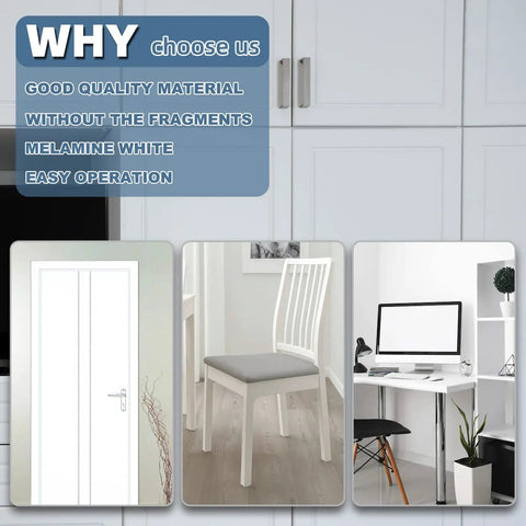Collage showing white door, chair, and desk highlighting Pre Glued White Veneer Edge Banding Roll Three Quarters Inch Wide By Fifty Feet