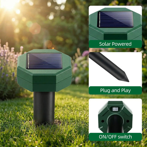 Eight Pack Solar Powered Ultrasonic Pest Deterrents For Lawn Yard Garden to stop moles, gophers, snakes with IP65 waterproof stakes.