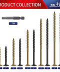 Various sizes of lag screws with washer heads, including 2 Inch Lag Screws Set For Outdoor Wood Projects, 57 Pieces, T30 Torx Bit.