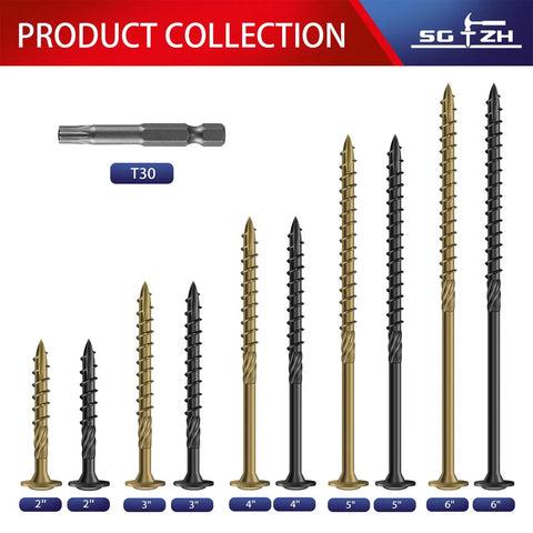 Various sizes of lag screws with washer heads, including 2 Inch Lag Screws Set For Outdoor Wood Projects, 57 Pieces, T30 Torx Bit.