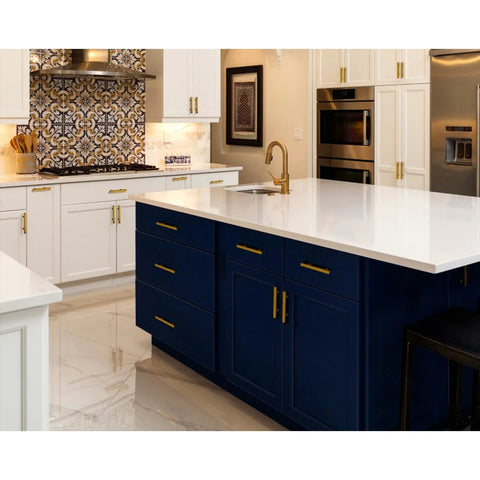 Modern kitchen with 30 Pack Brushed Brass Cabinet Handles 3 Inch Modern Square Drawer Pulls on white and blue cabinets, gold accents