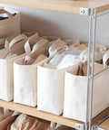 Slim Fabric Storage Bins With Comfort Handles Narrow Closet Organizers For Shelf And Cabinet Durable Canvas Containers, white canvas baskets on shelf.
