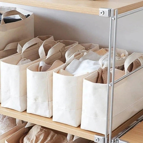 Slim Fabric Storage Bins With Comfort Handles Narrow Closet Organizers For Shelf And Cabinet Durable Canvas Containers, white canvas baskets on shelf.