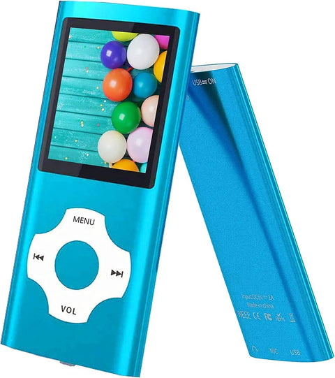 Compact MP3 Player With 32GB Memory Card, FM Radio, Voice Recorder, 1.82 Inch LCD Screen, USB Port, Sleek Blue, colorful display