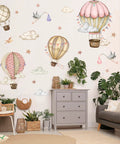 Watercolor Hot Air Balloon Wall Decals Set With Clouds, Stars, And Flying Birds, Adorable Nursery Bedroom Playroom Decor