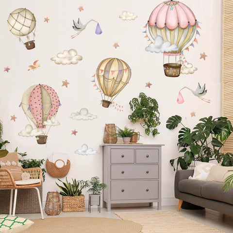 Watercolor Hot Air Balloon Wall Decals Set With Clouds, Stars, And Flying Birds, Adorable Nursery Bedroom Playroom Decor