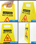 Two Pack Wet Floor Sign 17.5 Inch Tall Bright Yellow Double Sided A Frame Caution Sign For Home And Biz Use With Bilingual Caution Message Great Value Safety Signage showing different views