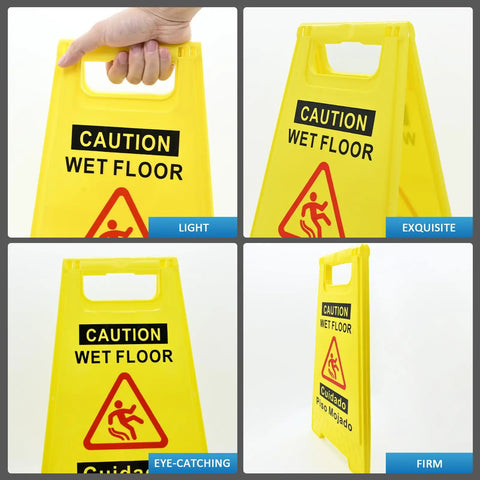 Two Pack Wet Floor Sign 17.5 Inch Tall Bright Yellow Double Sided A Frame Caution Sign For Home And Biz Use With Bilingual Caution Message Great Value Safety Signage showing different views