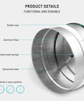 Close-up of neverest 4-in inline backdraft damper with rubber seal, aluminum flaps, and stainless springs.