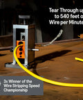 Wire Stripping Machine For Drill Power DIY Easy To Use Adjustable Wire Guide And Romex Slot Strips Copper Solid And Stranded Wires Handles 18 Gauge To 300 MCM Ideal For Scrap Wire And Rewiring Projects on metal workbench highlighting speed