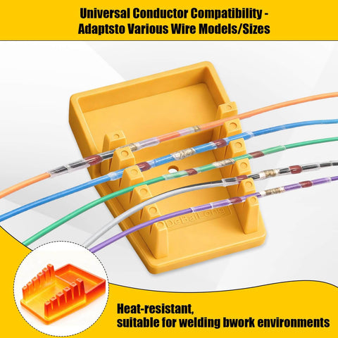 Wire Soldering Holder With Heat Resistant Silicone Stand And Five V Shaped Grooves Plus Storage Tray And Helping Hands For Welding Fixtures Designed For 32AWG To 7AWG Wires Yellow, shown with wires.