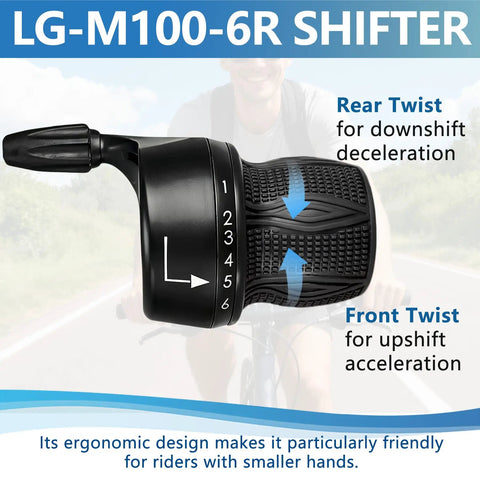 Close-up of LG-M100-6R rear twist grip for 18 Speed Bicycle Shifter Set With Twist Grips, 3x6 Speed Left 3 And Right 6 Shifter Levers.