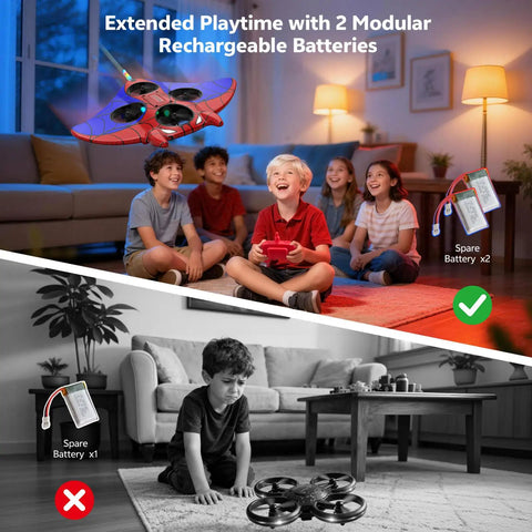 Kids enjoying RC plane with LEDs indoors; boy plays alone with RC airplane below. Kids RC Plane With Altitude Hold and One Button Takeoff and Landing 360 Degree Flips LED Lights 2.4GHz 3.5CH Foam Remote Control Airplane Easy for Beginners Ideal Gift for Boys and Girls.