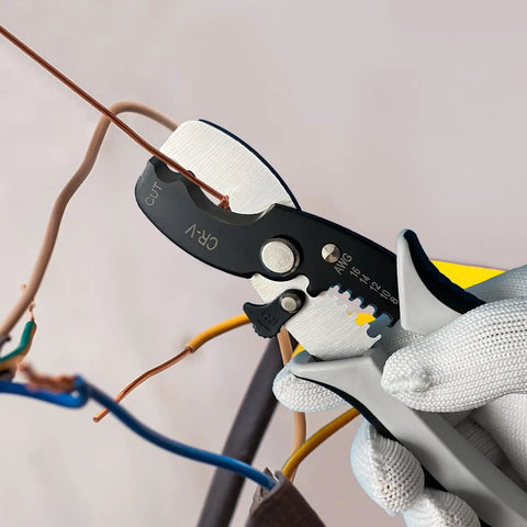Pro Grade All In One Wire Cutters And Stripper For Pros 8 Inch Heavy Duty Cable Cutters in use cutting wire
