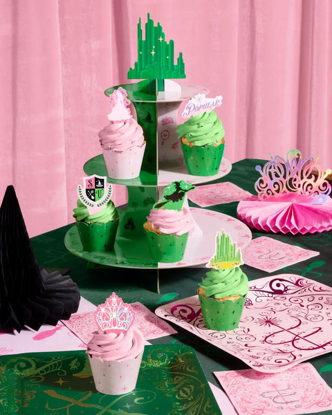 Pink And Green Witch Cupcake Tower 3 Tier Party Ready Birthday Dessert Display Stand For Girls Party Decor Kids Wizard Themed Cake Stand