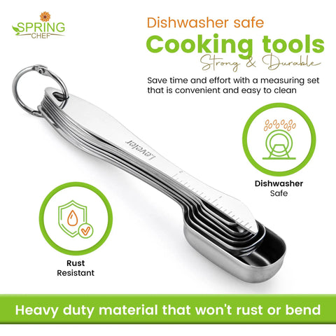 Stainless Steel Measuring Cups And Spoons Set Of 14 With Leveler, Nesting Kitchen Gear, shown rust-resistant and dishwasher safe.