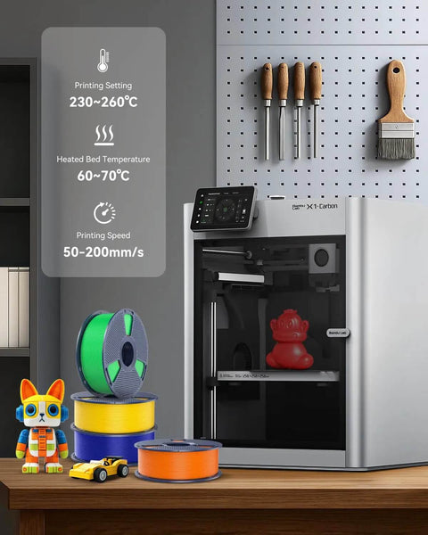 3D printer setup with colorful filament spools, showcasing PETG Filament 1.75mm 4Kg Bundle Black For 3D Printing Tough Outdoor Parts.