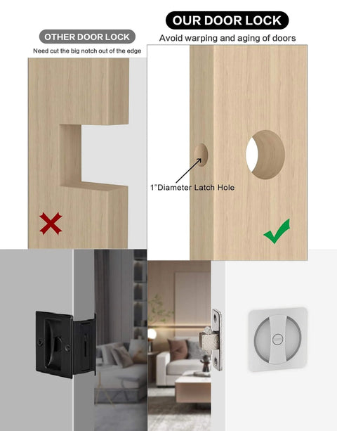 Brushed Nickel Pocket Door Lock And Latch, Contemporary Privacy Lock For Bathroom And Bedroom, installation comparison.