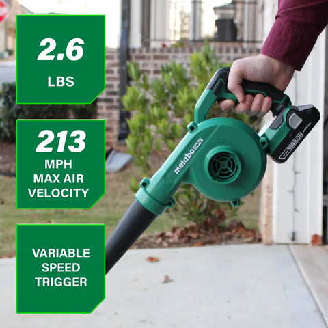 Person using 18V MultiVolt Cordless Blower With 124 CFM Air Volume And 213 MPH Velocity, Seriously Lightweight Build, Variable Speed Trigger With Lock On, Tool Body Only For RB18DCQ4 on driveway with features highlighted