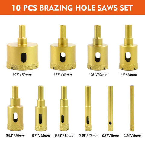 MARSBASE 10-piece diamond hole saw kit, front view; gold-tipped cores for ceramic, glass, tile, 50mm–6mm.