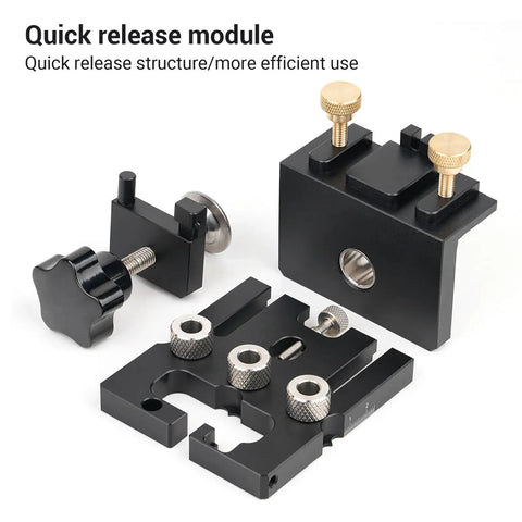 Quick release module components for Heavy Duty Woodworking Doweling Jig Kit with anodized aluminum parts and easy adjustments.