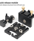 No Sweat 3 In 1 Dowel Jig Kit For Woodworking Self Centering Drill Guide With Steel Bushings Adjustable 6 8 10 Mm Bits showing quick release module